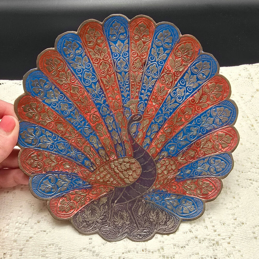 Vintage Enameled Peacock Brass Plate Wall Decor